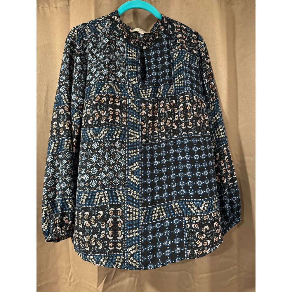 Loft Long Sleeve Boho Blue and Peach Ditzy Floral Patchwork Shirt MP med petite